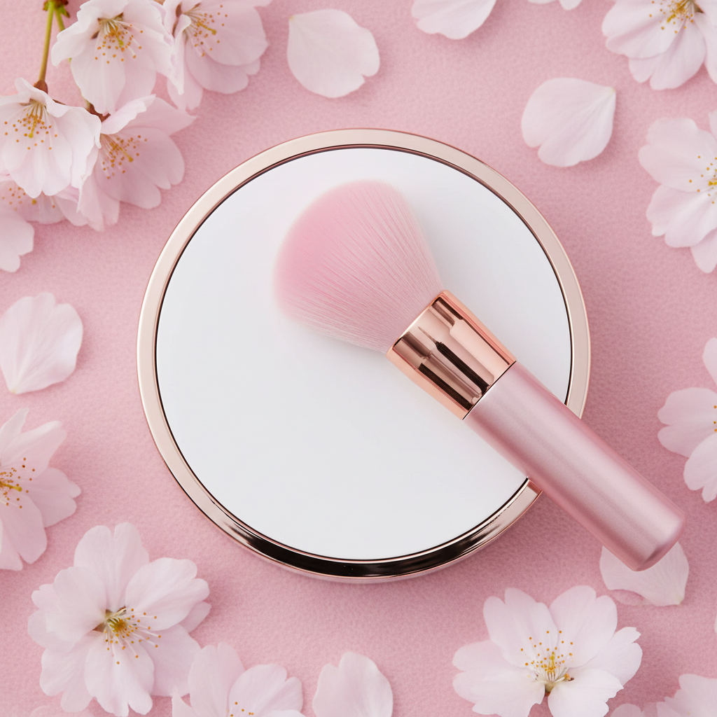 Overhead flat lay of closed white compact with rose gold rim and pink kabuki brush on pink surface with cherry blossom petals