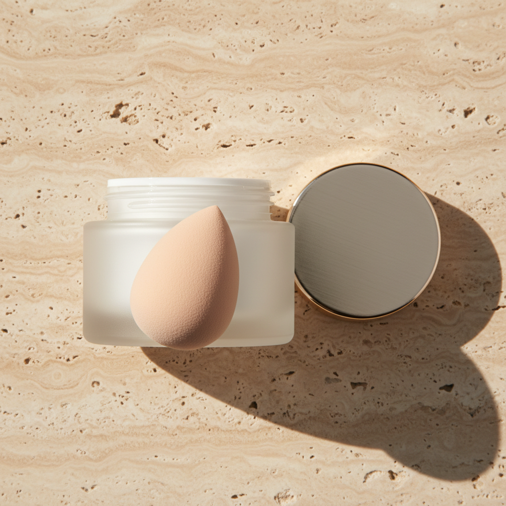 Overhead flat lay of frosted glass foundation jar with brushed gold lid and teardrop sponge on travertine stone