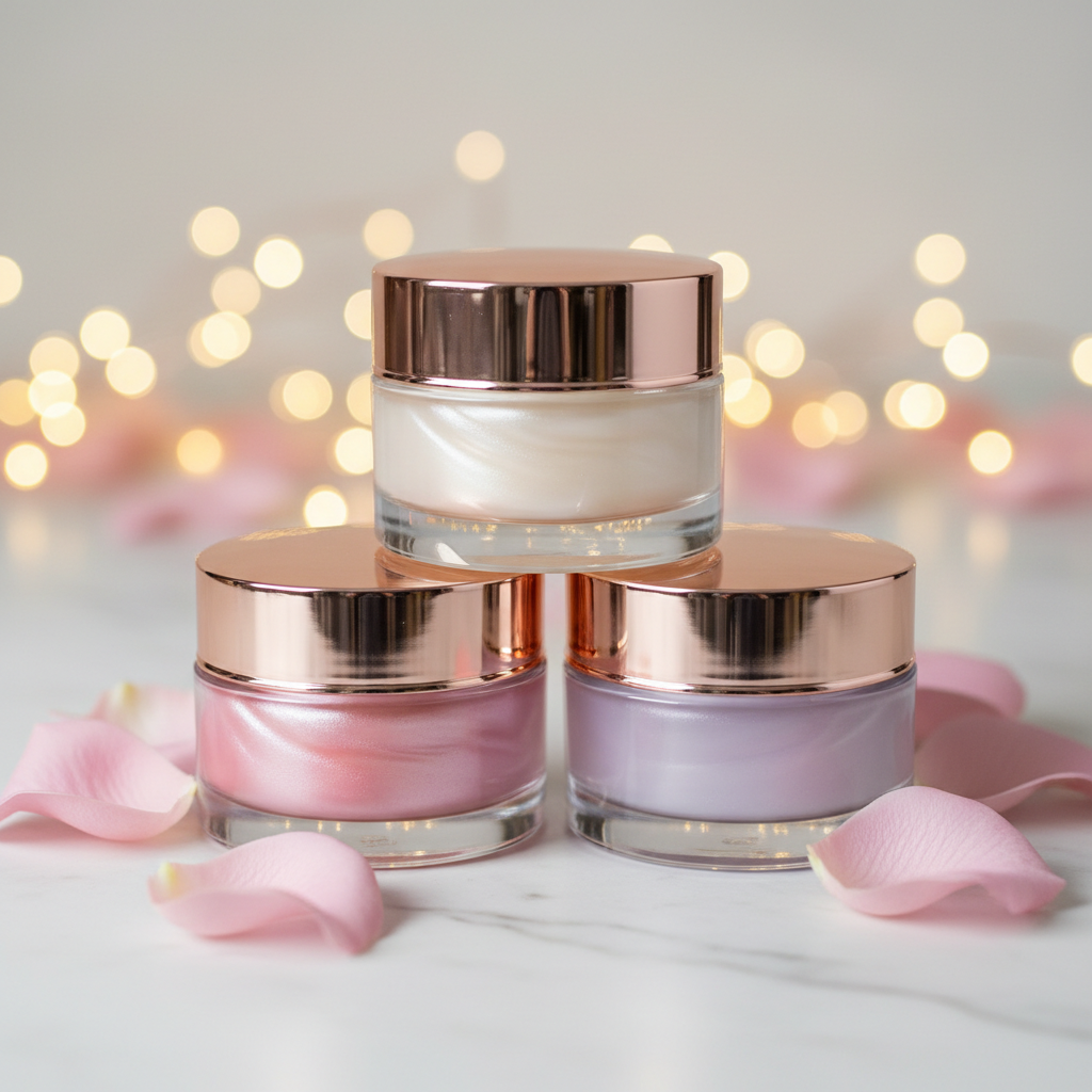 Three clear glass jars with rose gold lids in petal pink, pearl ivory and lavender glow arranged with rose petals