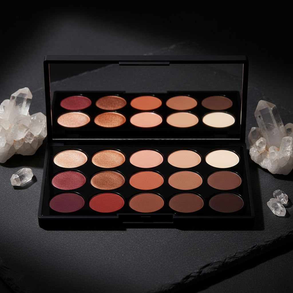Matte black 12-pan eyeshadow palette open showing warm bronze burgundy tones with quartz crystals on dark slate