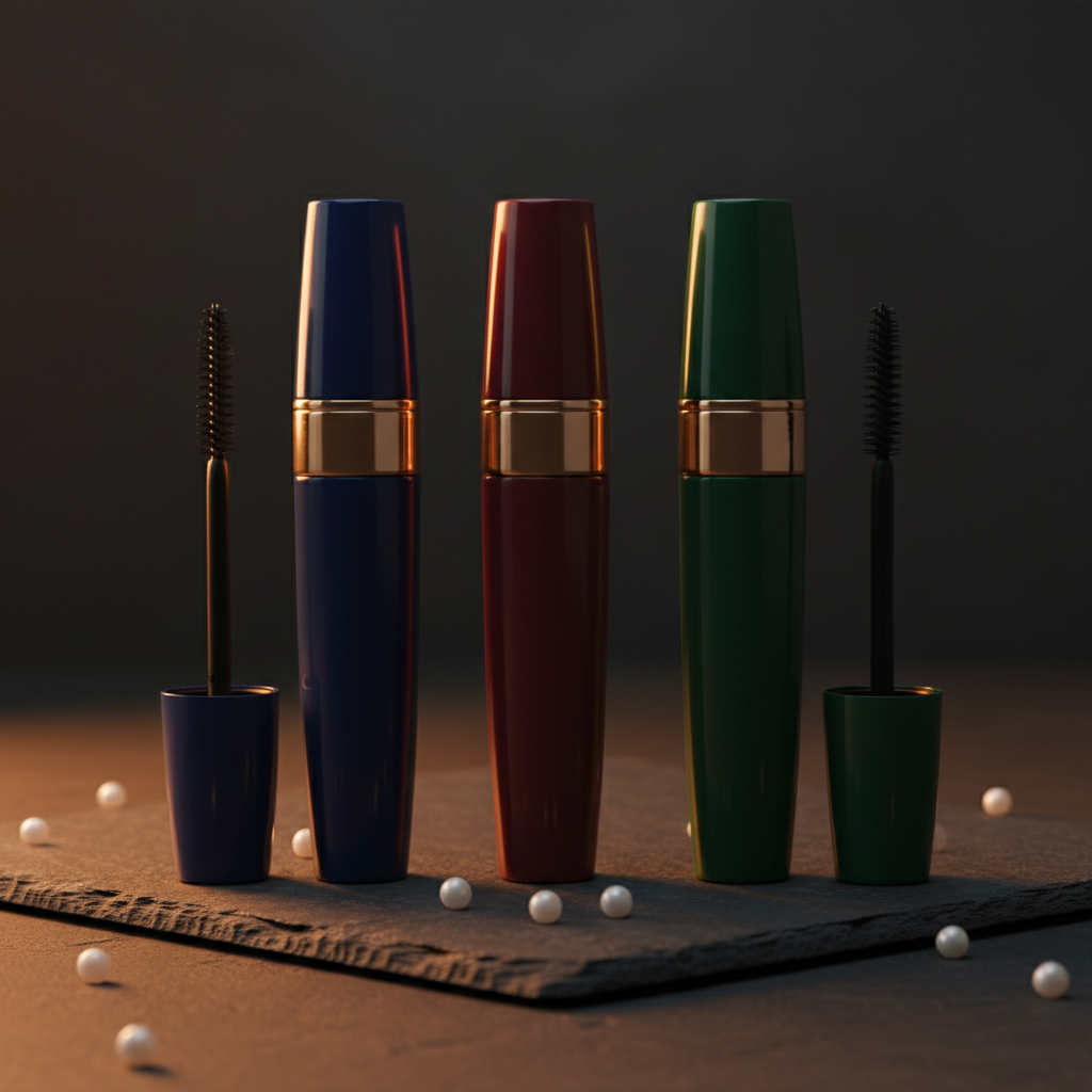 Three glossy mascara tubes in midnight navy, burgundy and forest green with gold rings on dark stone with pearls