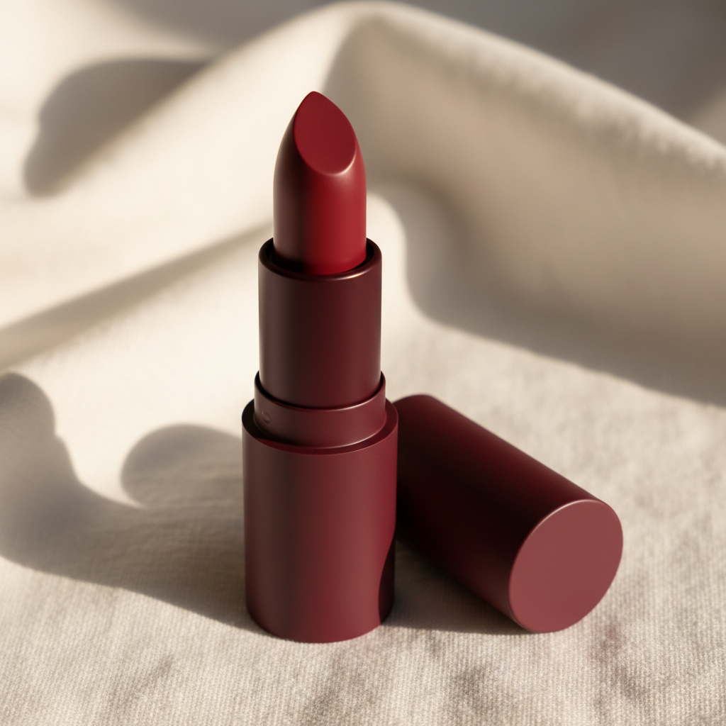 Cylindrical matte lipstick with cap removed showing bullet detail