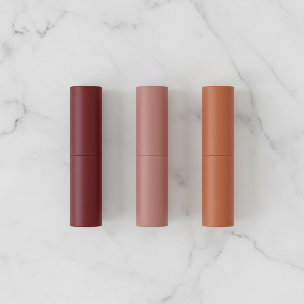 Three cylindrical matte lipsticks in Burgundy Red, Dusty Rose and Terracotta flat lay
