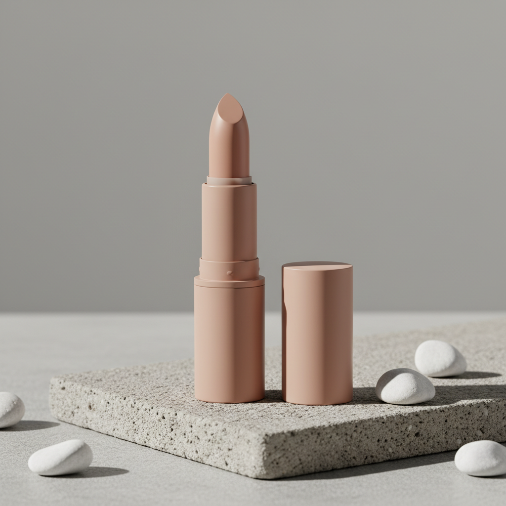 Nude beige tone-on-tone matte lipstick on concrete stone with white pebbles