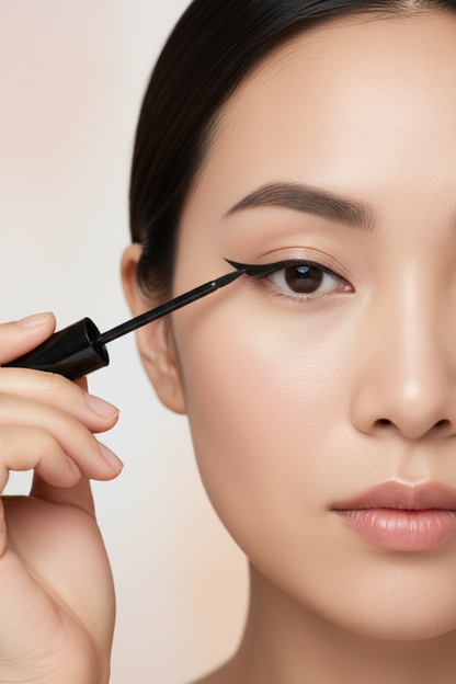 Model applying liquid eyeliner for winged liner look