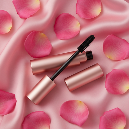Overhead flat lay of rose gold mascara tube with round brush wand and pink rose petals on satin