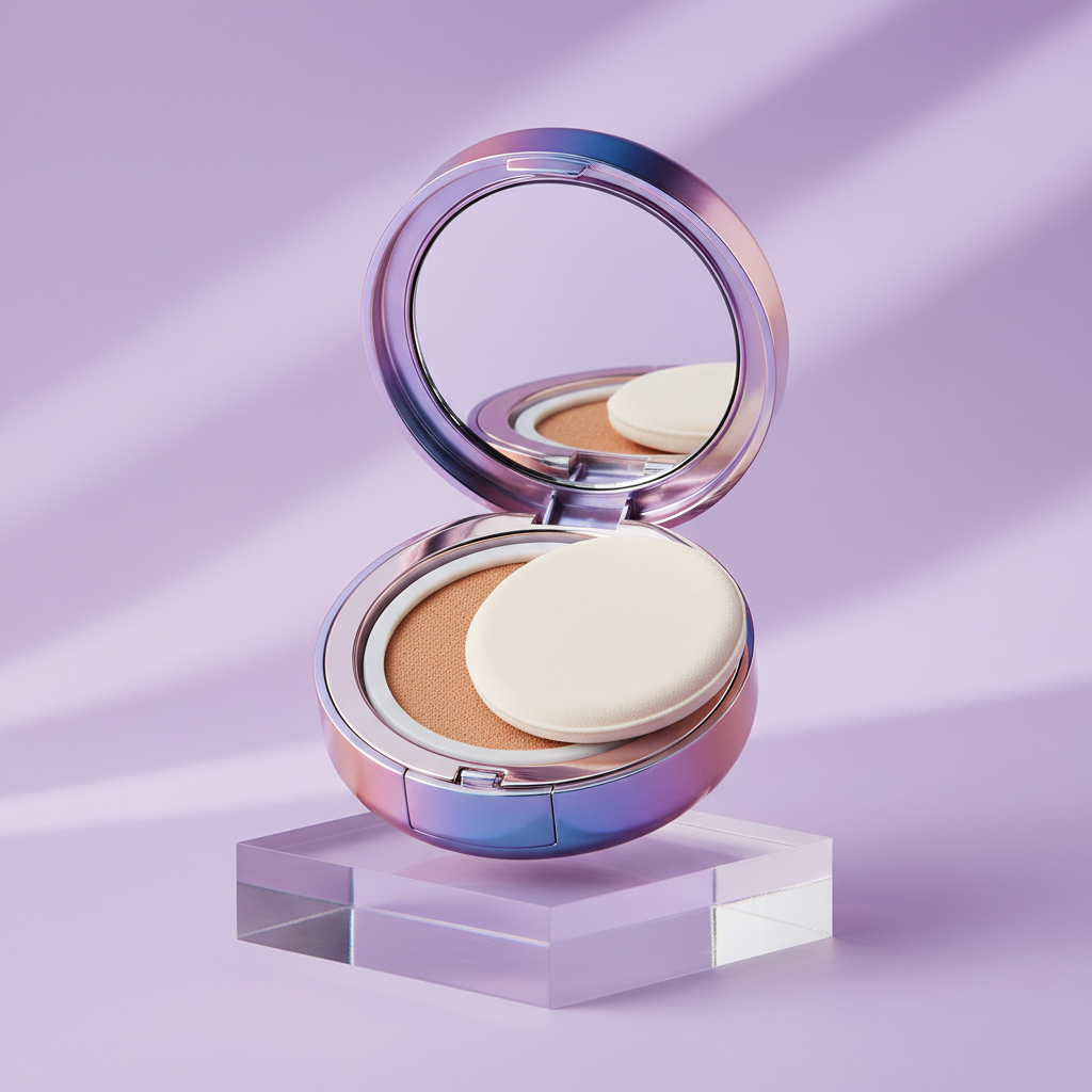 Holographic iridescent cushion compact open showing sand beige formula and velvet puff on acrylic platform with purple background