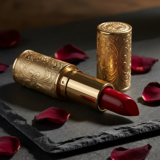 Vintage gold engraved lipstick in Classic Red with dried roses on dark slate