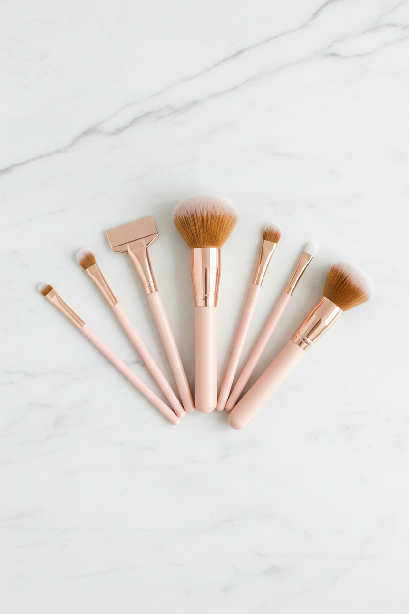 Fan layout of all brushes on white marble showing rose gold handles and soft bristles
