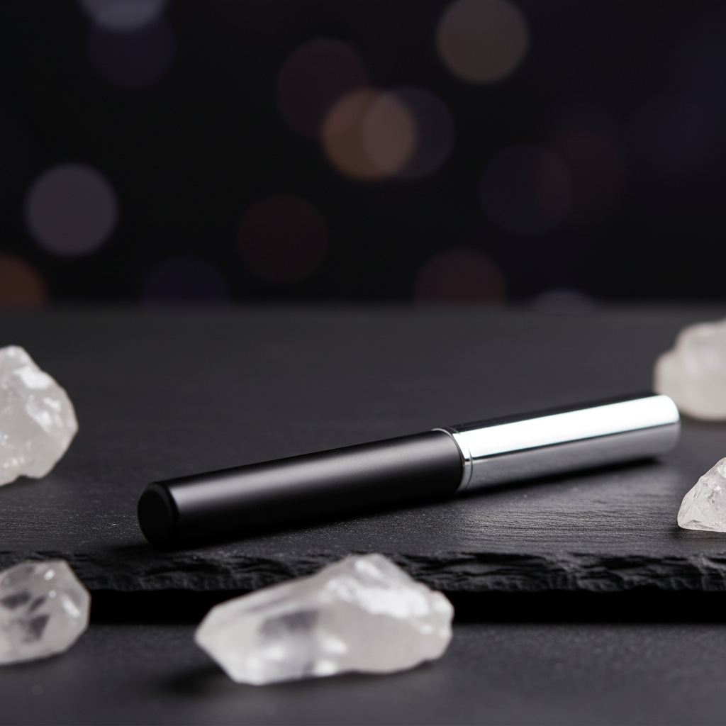 Low angle close-up of matte black eyeliner pencil showing chrome cap detail on black slate