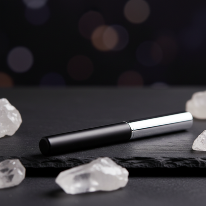 Low angle close-up of matte black eyeliner pencil showing chrome cap detail on black slate
