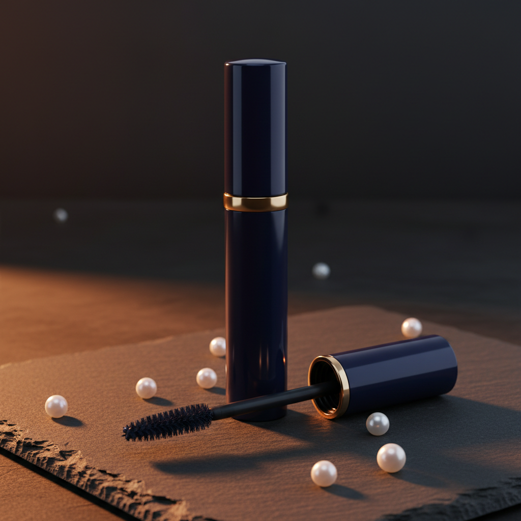 Glossy midnight navy mascara tube with gold accent ring and spiral brush wand on dark stone with pearls