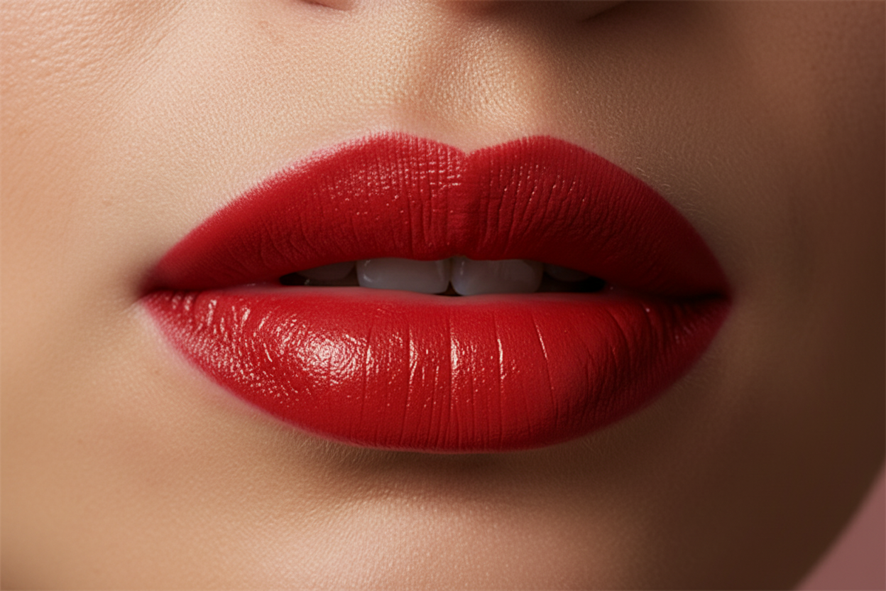Scarlet Noir Lipstick - red lip swatch on model