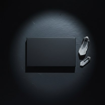 Overhead flat lay of closed matte black 12-pan eyeshadow palette with quartz crystals on dark slate