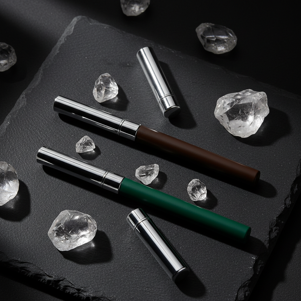 Three eyeliner pencils in black, brown and green with chrome caps arranged on black slate