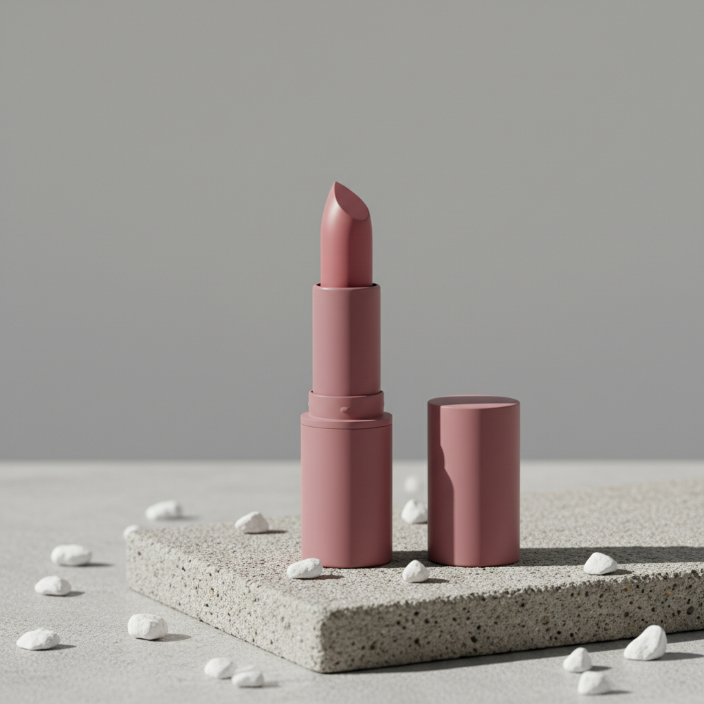 Dusty mauve tone-on-tone matte lipstick on concrete stone with white pebbles