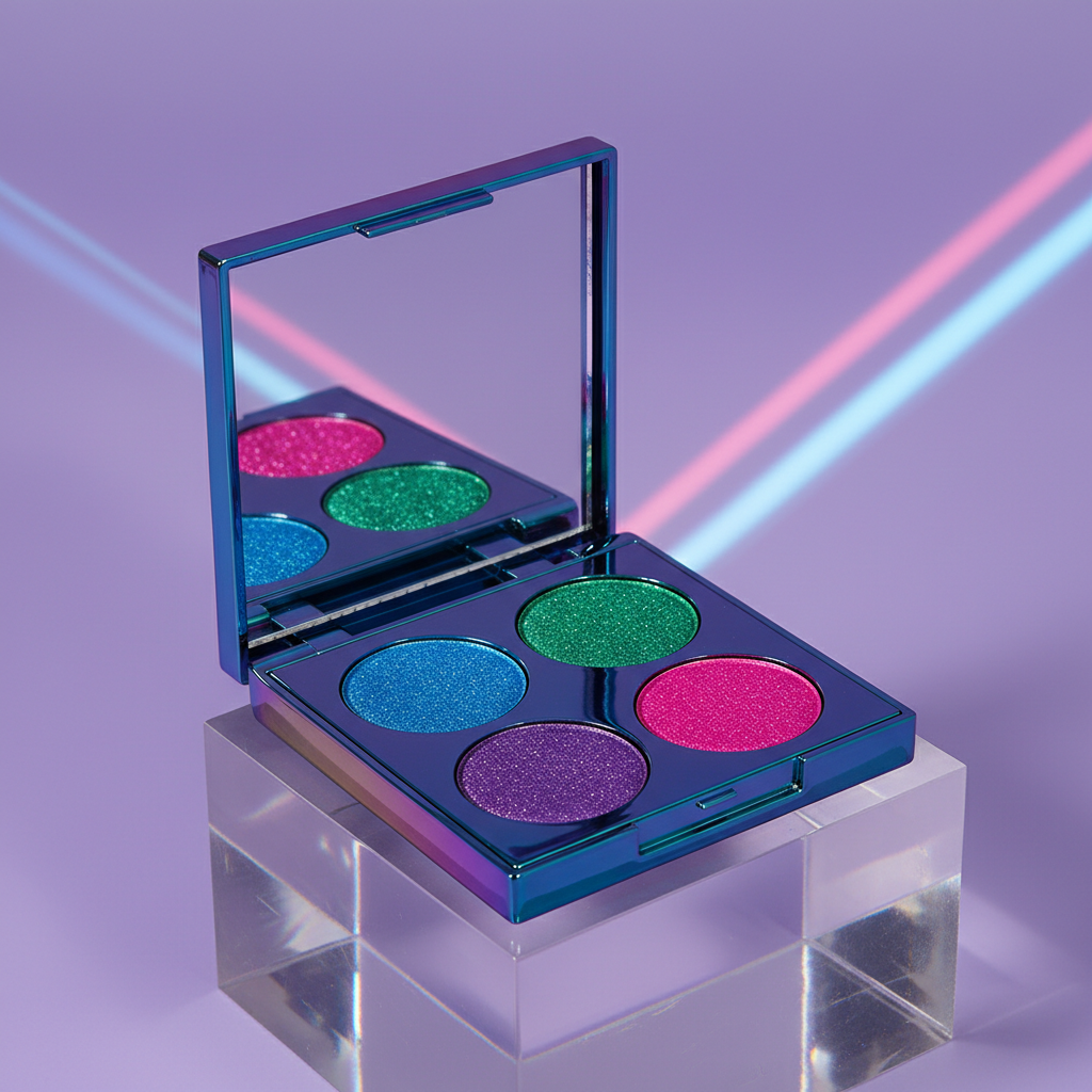 Holographic chrome quad eyeshadow palette open showing electric blue, emerald green, violet and fuchsia glitter pans on acrylic with purple background