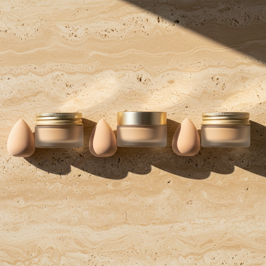 Three frosted glass foundation jars with brushed gold lids and nude teardrop sponges in a row on travertine stone