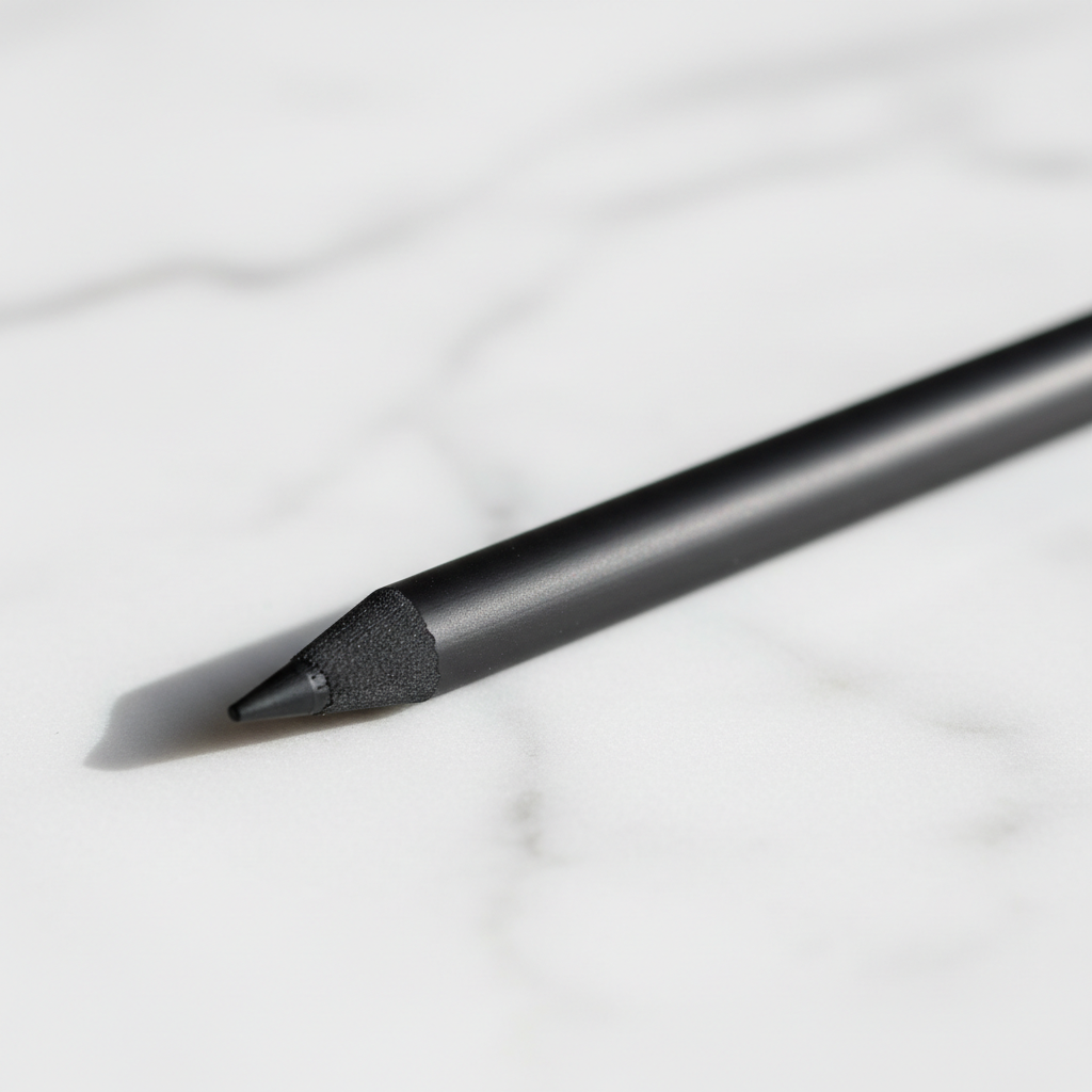 Close-up side angle of black matte eyeliner pencil tip lying on white marble