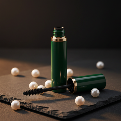 Glossy forest green mascara tube with gold accent ring and spiral brush wand on dark stone with pearls