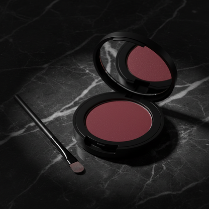 Round matte black eyeshadow compact open showing burgundy wine shimmer pan with black brush on dark marble