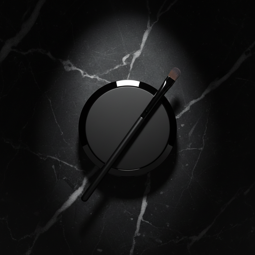 Overhead flat lay of closed matte black eyeshadow compact with black brush on dark marble