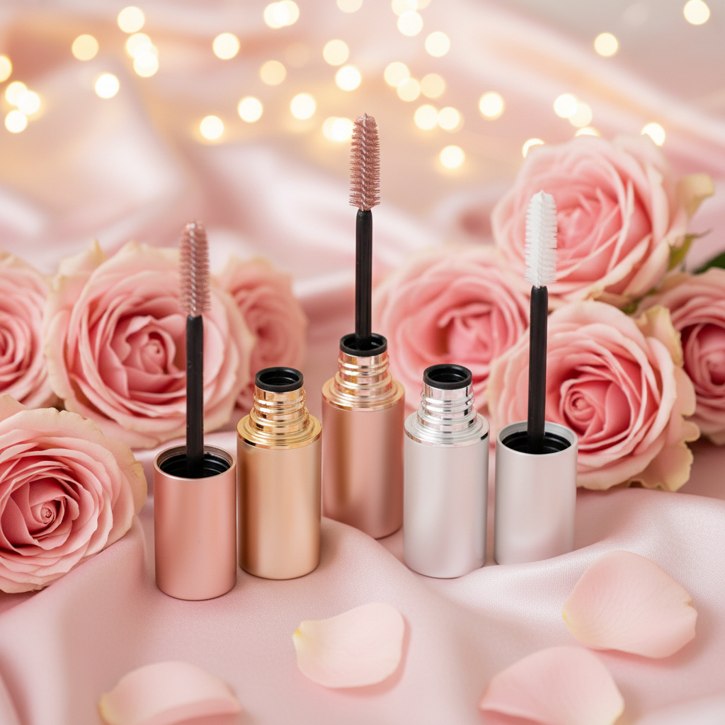 Three metallic mascara tubes in rose gold, champagne gold and pearl white with round brush wands on pink satin