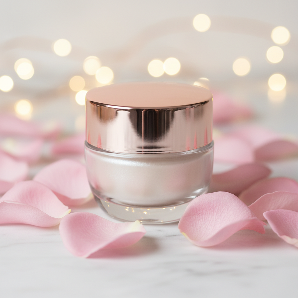 Clear glass jar with rose gold lid containing pearlescent ivory primer surrounded by rose petals