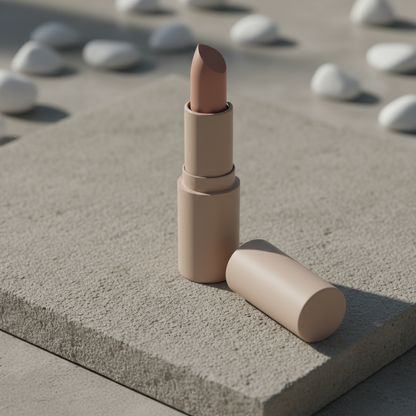 Close-up side view of slim nude beige matte lipstick tube on concrete surface