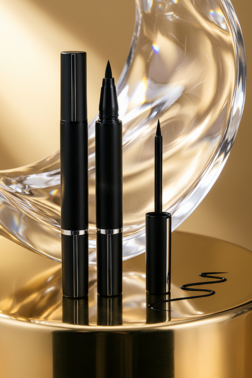 Liquid eyeliner hero front view on gold metallic surface