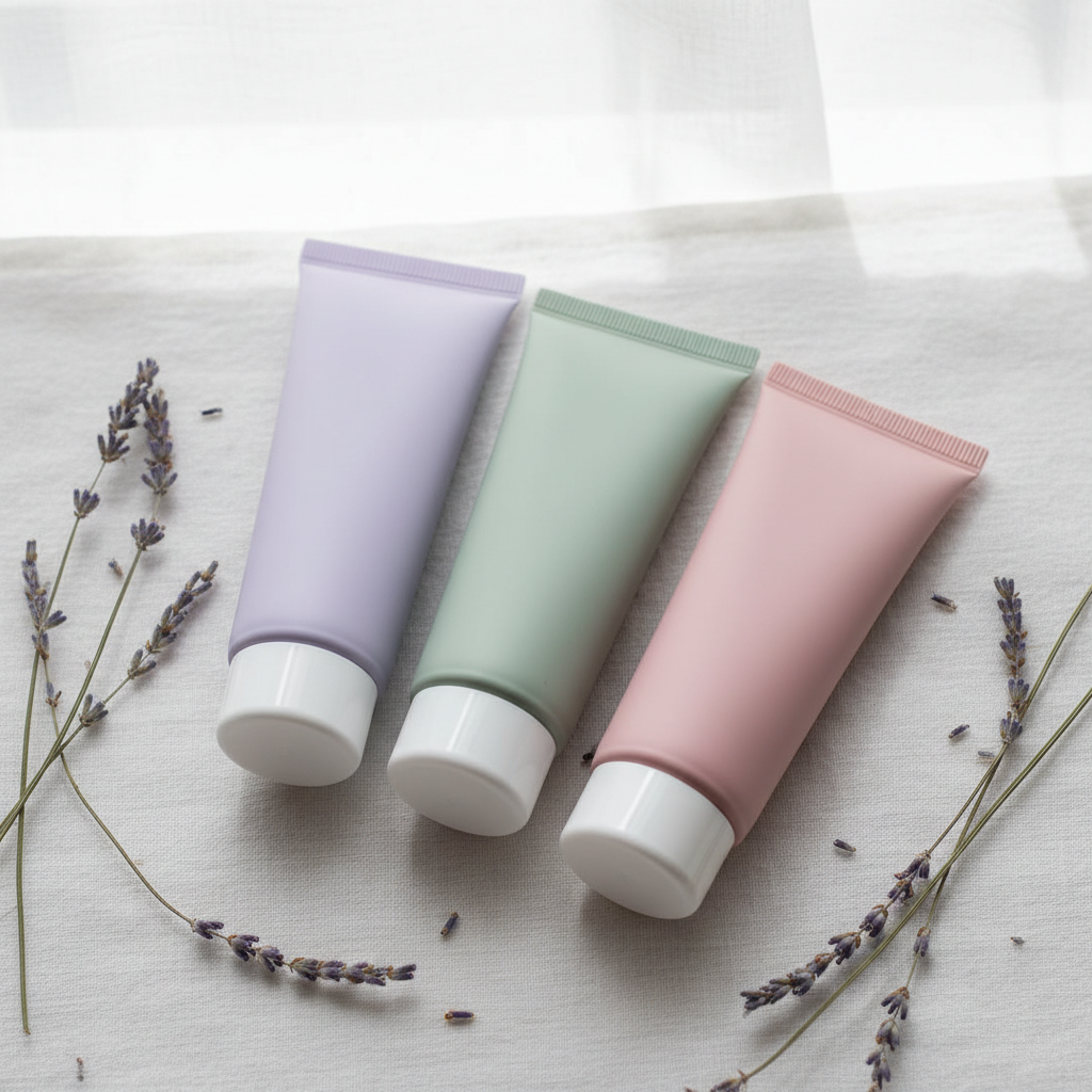 Three matte squeeze tube primers in lavender, sage green and dusty rose with white flip caps on white linen