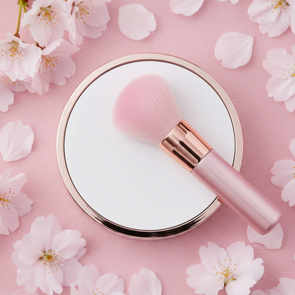 Overhead flat lay of closed white compact with rose gold rim and pink kabuki brush on pink surface with cherry blossom petals