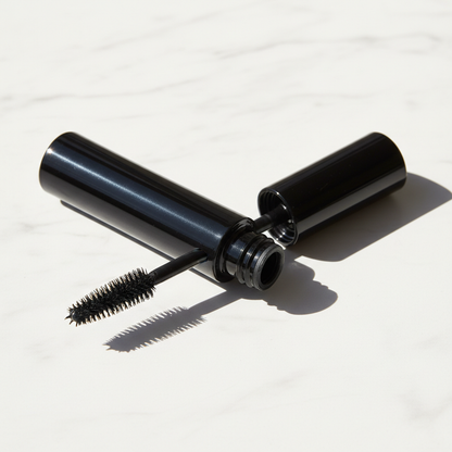 Glossy jet black mascara tube lying on side with fan brush wand on white marble close-up angle