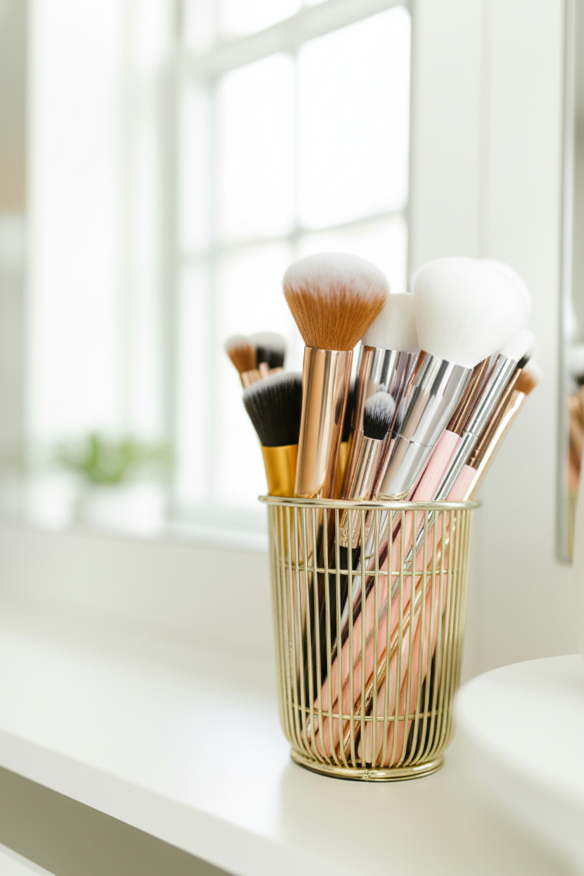 Makeup brush set with rose gold handles in gold wire holder, bright vanity setting