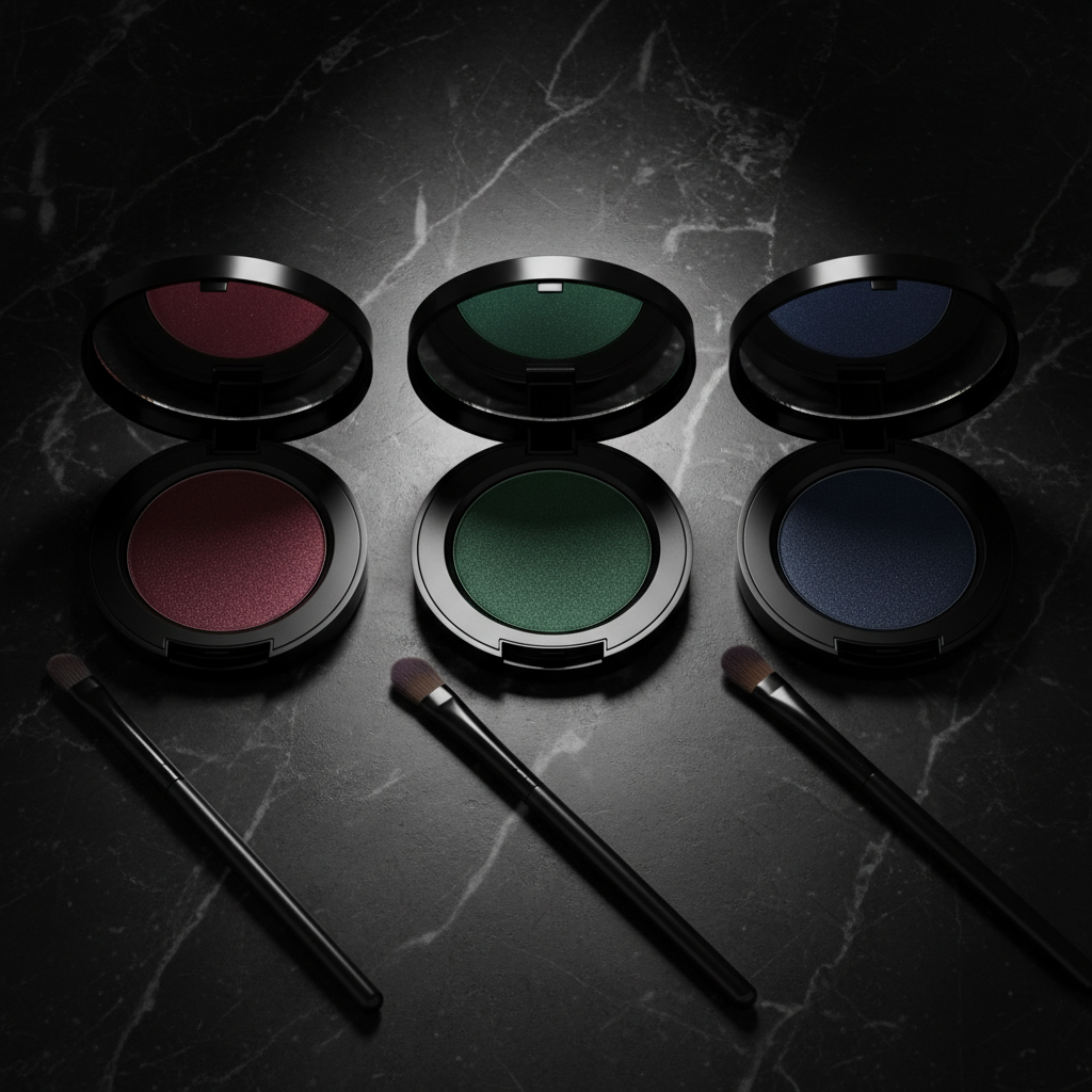 Three round matte black eyeshadow compacts in burgundy wine, forest green and midnight navy with brushes on dark marble