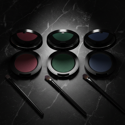 Three round matte black eyeshadow compacts in burgundy wine, forest green and midnight navy with brushes on dark marble