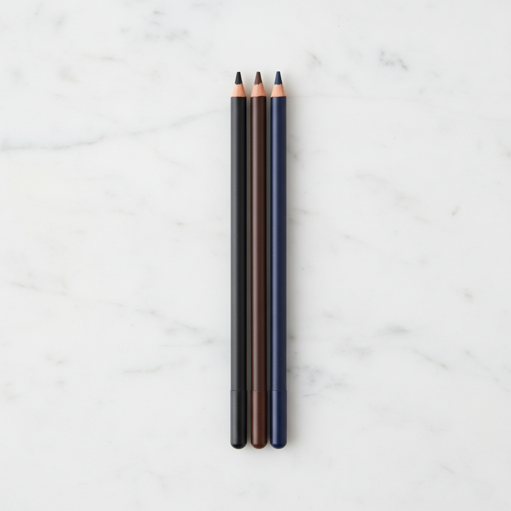 Three matte wooden eyeliner pencils in black, brown and navy standing side by side on white marble