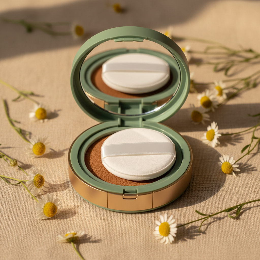 Sage green cushion compact with gold band open showing honey tan formula and white D-handle puff on linen with daisies