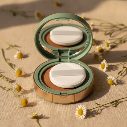 Sage green cushion compact with gold band open showing honey tan formula and white D-handle puff on linen with daisies