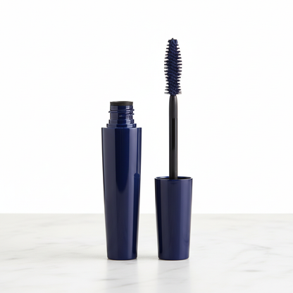 Glossy midnight navy mascara tube with fan-shaped brush wand on white marble