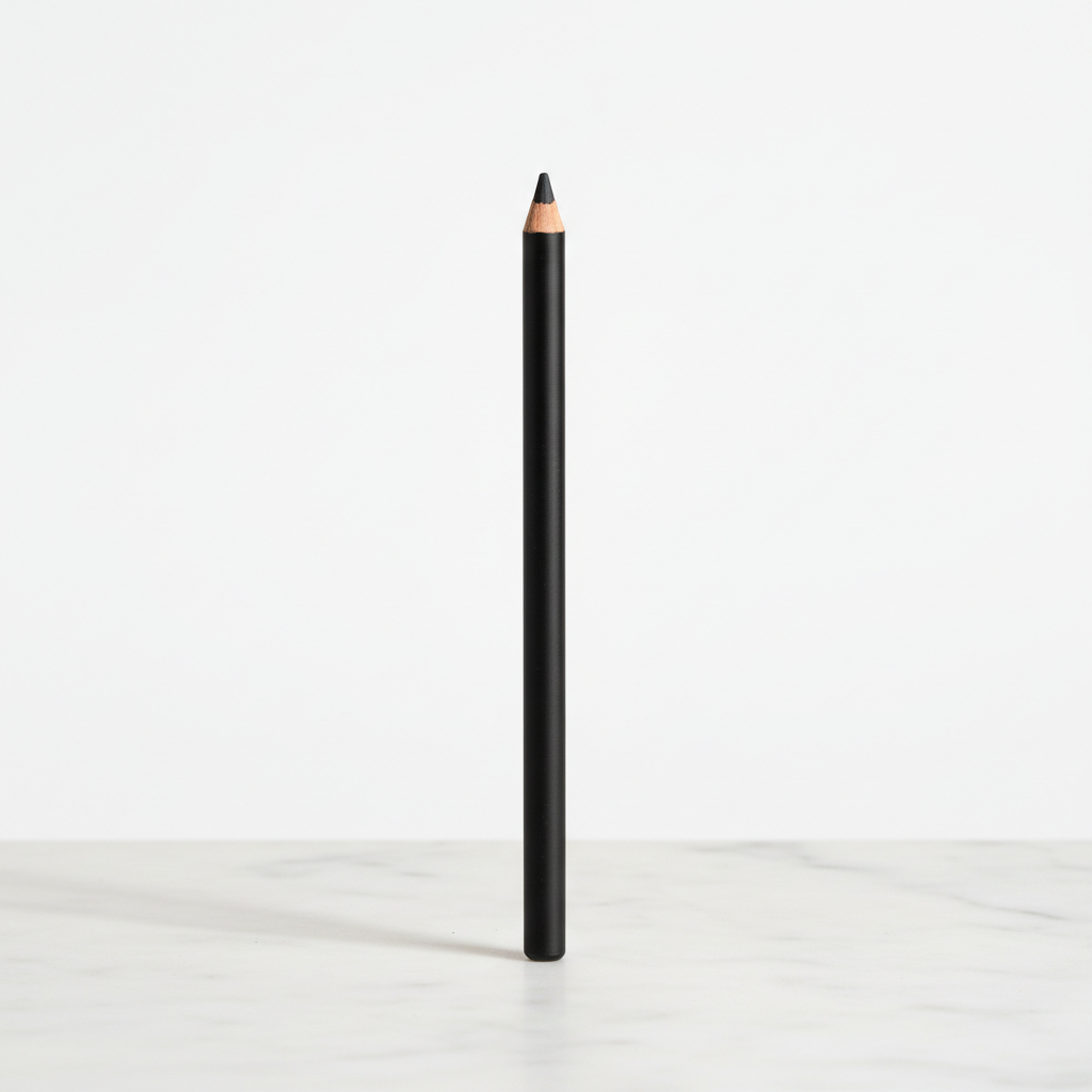Slim all-black matte wooden eyeliner pencil standing on white marble