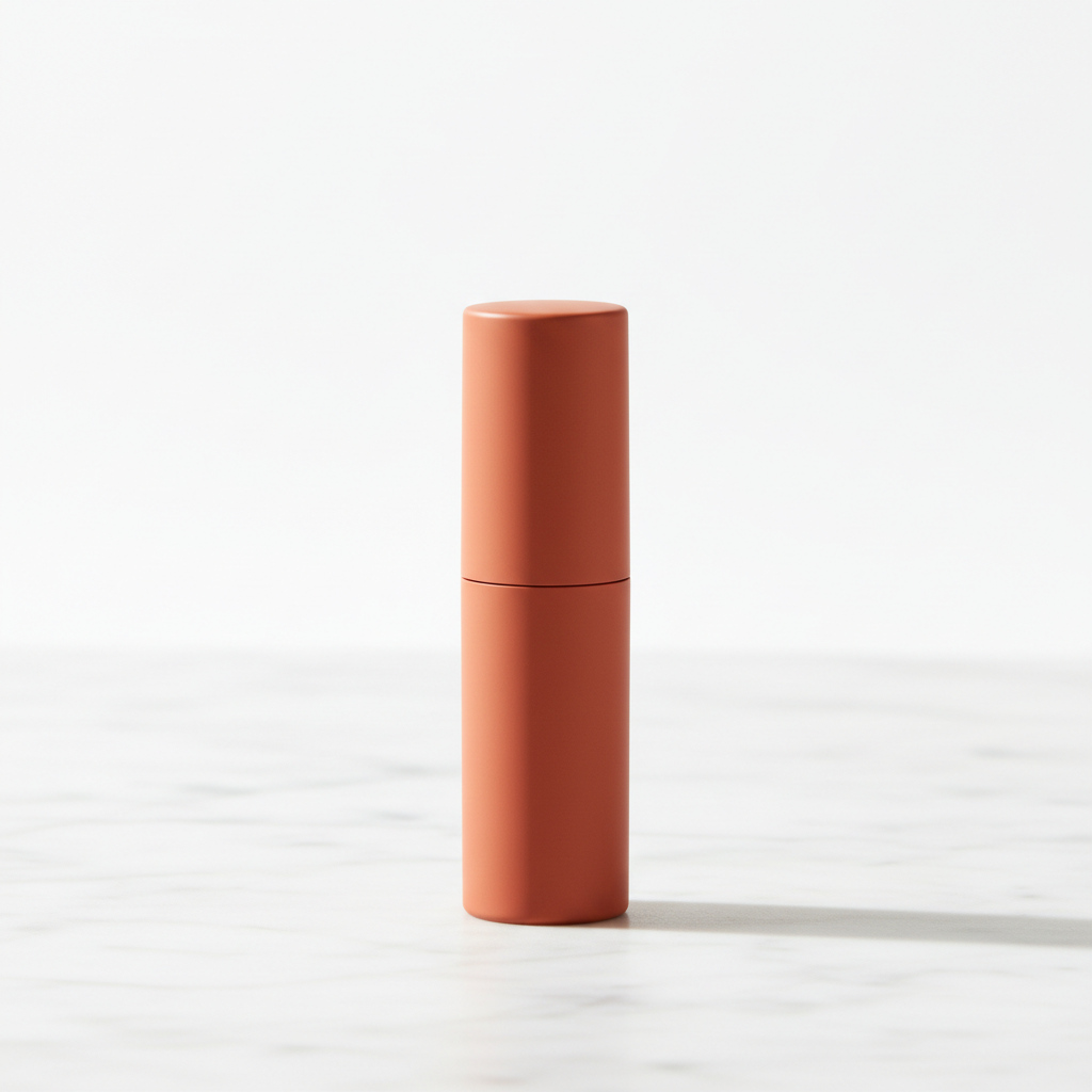 Cylindrical matte lipstick in Terracotta on marble surface
