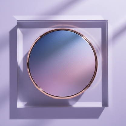 Overhead view of closed holographic iridescent cushion compact showing color-shift surface and rose gold rim on acrylic with purple background