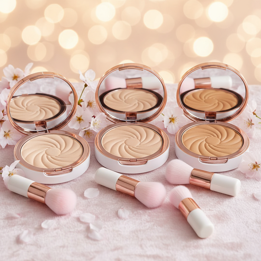 Three round white compacts with rose gold rims in ivory beige, sand beige and honey tan with pink kabuki brushes and cherry blossoms
