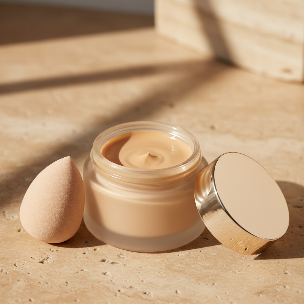 Frosted glass foundation jar open showing sand beige cream with brushed gold lid and nude sponge on travertine stone