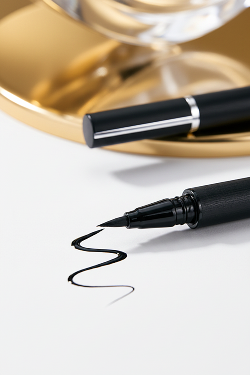 Close-up detail of eyeliner brush tip with ink stroke