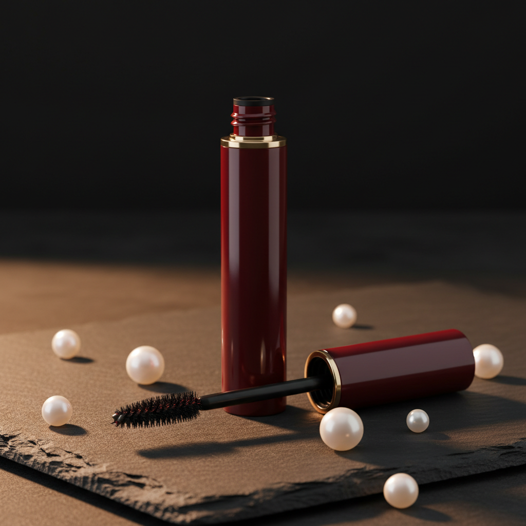 Glossy burgundy wine mascara tube with gold accent ring and spiral brush wand on dark stone with pearls