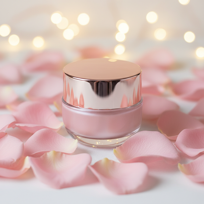 Clear glass jar with rose gold lid containing pearlescent pink primer surrounded by rose petals