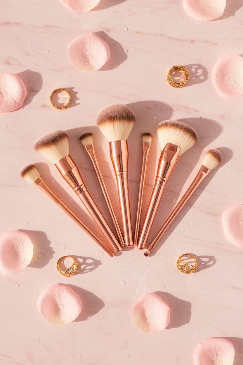 Overhead flat lay of full brush set on pink marble with rose petals and gold accessories