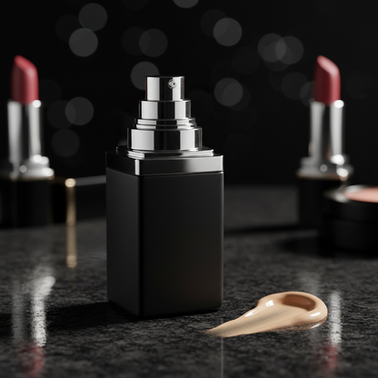 Matte black square foundation bottle with chrome pump and ivory beige swatch on dark granite